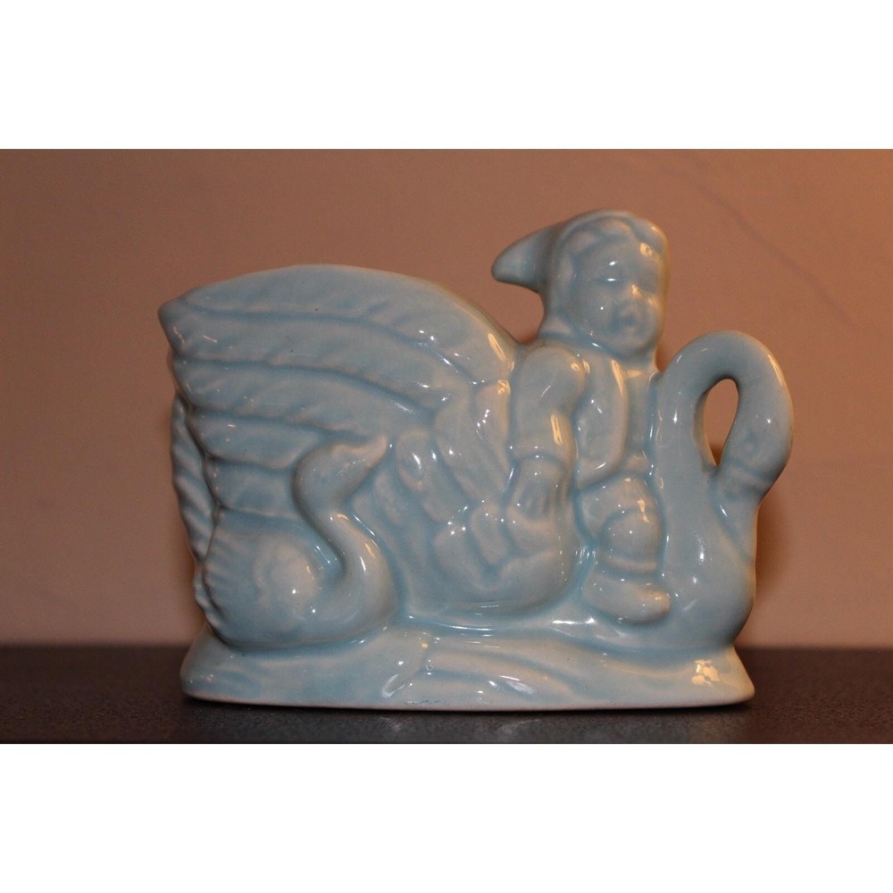 Vintage - Blue Pixie Elf Dutch Boy Riding Swan Ceramic Planter - Whimsical - MCM